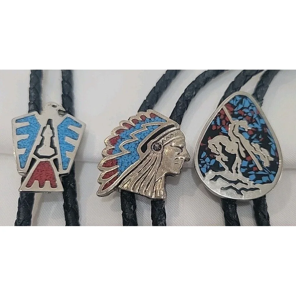 VTG Lot Of 3 Southwestern SSI Native American Bolo Tie w/Turquoise & Coral USA